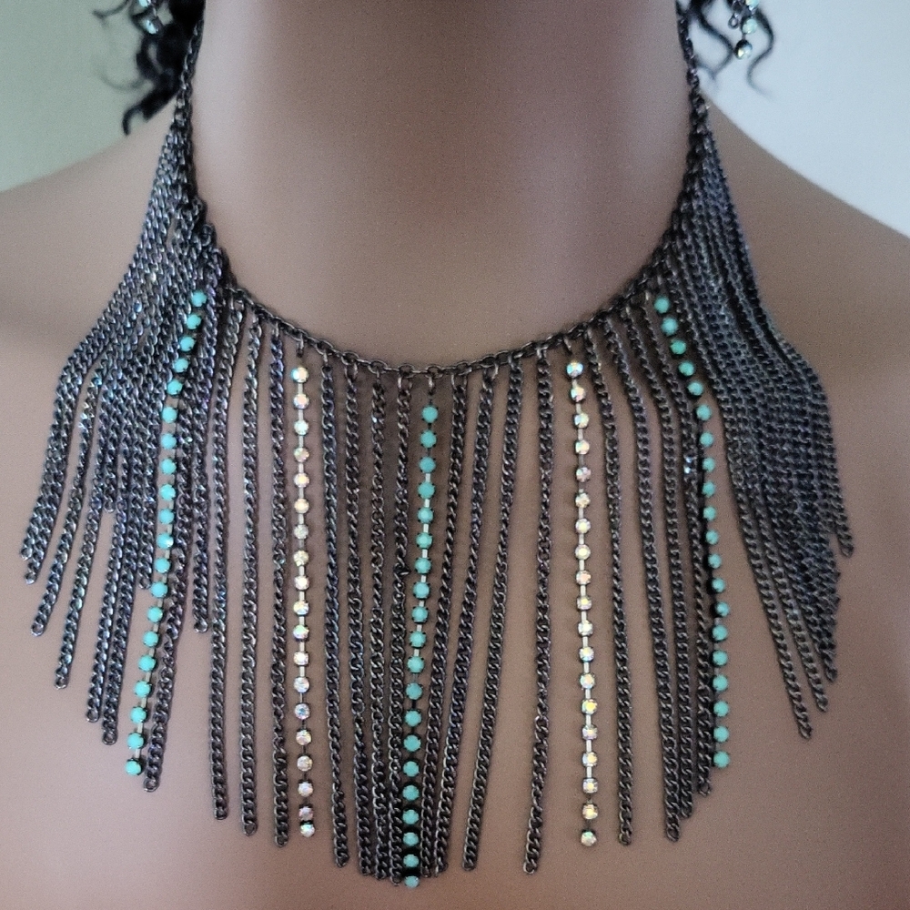 Elegant Silver and Turquoise Fringe Necklace &  Matching Earrings